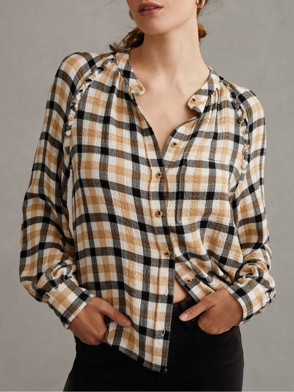 Anthropologie Pilcro Plaid Ruffle Button Down Peasant Top Size XSP